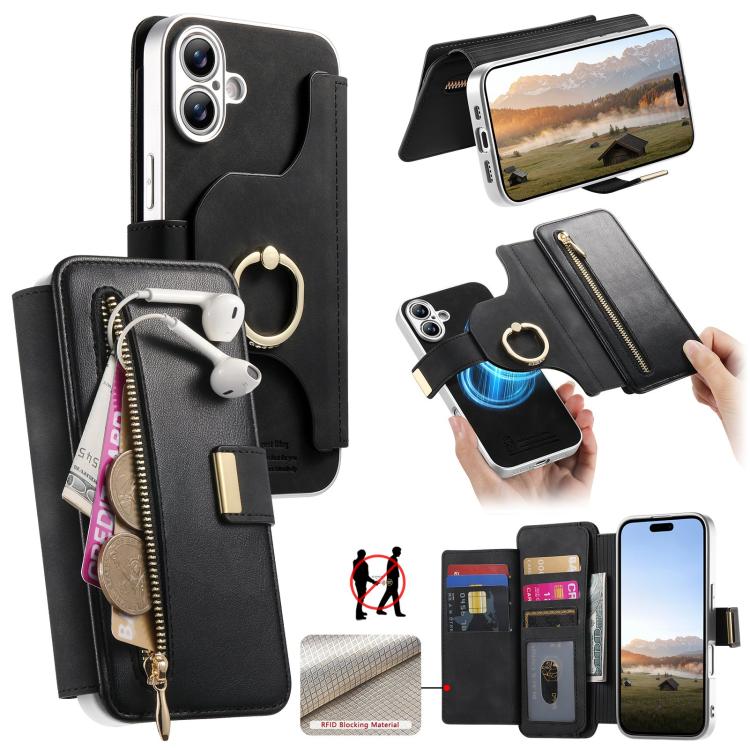 Portafoglio con cerniera, anello con bordo argentato e foro di precisione, blocco RFID, custodia magnetica in pelle vegana per telefono., For iPhone 16 Plus, For iPhone 16, For iPhone 15 Pro Max