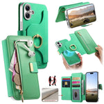 Portafoglio con cerniera, anello con bordo argentato e foro di precisione, blocco RFID, custodia magnetica in pelle vegana per telefono., For iPhone 16 Plus, For iPhone 16, For iPhone 15 Pro Max
