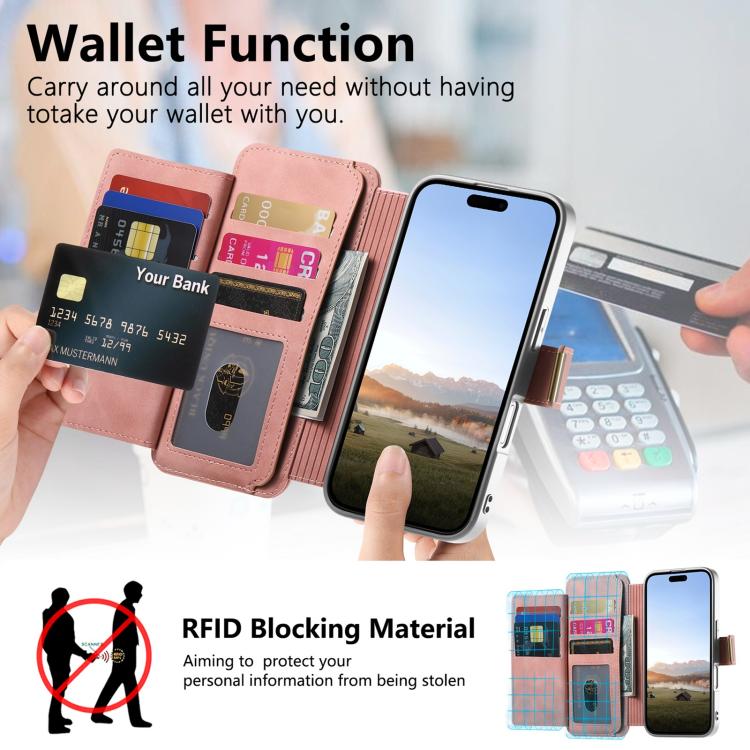 Portafoglio con cerniera, anello con bordo argentato e foro di precisione, blocco RFID, custodia magnetica in pelle vegana per telefono., For iPhone 18 / 17, For iPhone 18 Pro / 17 Pro, For iPhone 18 Pro Max / 17 Pro Max