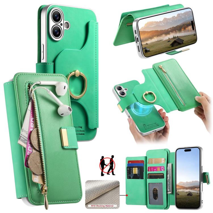 Portafoglio con cerniera, anello con bordo argentato e foro di precisione, blocco RFID, custodia magnetica in pelle vegana per telefono., For iPhone 18 / 17, For iPhone 18 Pro / 17 Pro, For iPhone 18 Pro Max / 17 Pro Max