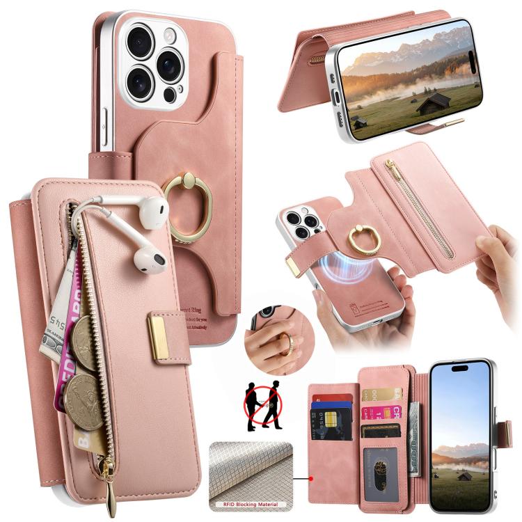 Portafoglio con cerniera, anello con bordo argentato e foro di precisione, blocco RFID, custodia magnetica in pelle vegana per telefono., For iPhone 17e / 16e, For iPhone 16 Pro Max, For iPhone 16 Pro
