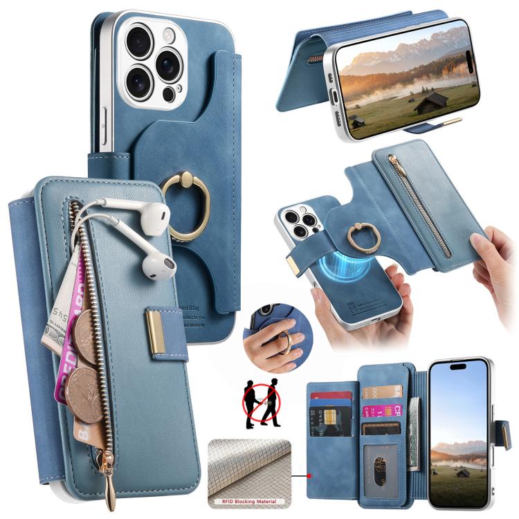 Portafoglio con cerniera, anello con bordo argentato e foro di precisione, blocco RFID, custodia magnetica in pelle vegana per telefono., For iPhone 17e / 16e, For iPhone 16 Pro Max, For iPhone 16 Pro