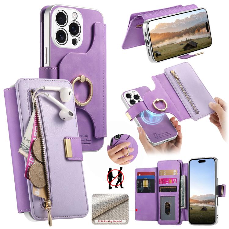 Portafoglio con cerniera, anello con bordo argentato e foro di precisione, blocco RFID, custodia magnetica in pelle vegana per telefono., For iPhone 17e / 16e, For iPhone 16 Pro Max, For iPhone 16 Pro