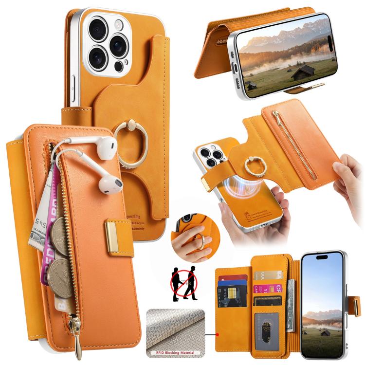 Portafoglio con cerniera, anello con bordo argentato e foro di precisione, blocco RFID, custodia magnetica in pelle vegana per telefono., For iPhone 17e / 16e, For iPhone 16 Pro Max, For iPhone 16 Pro