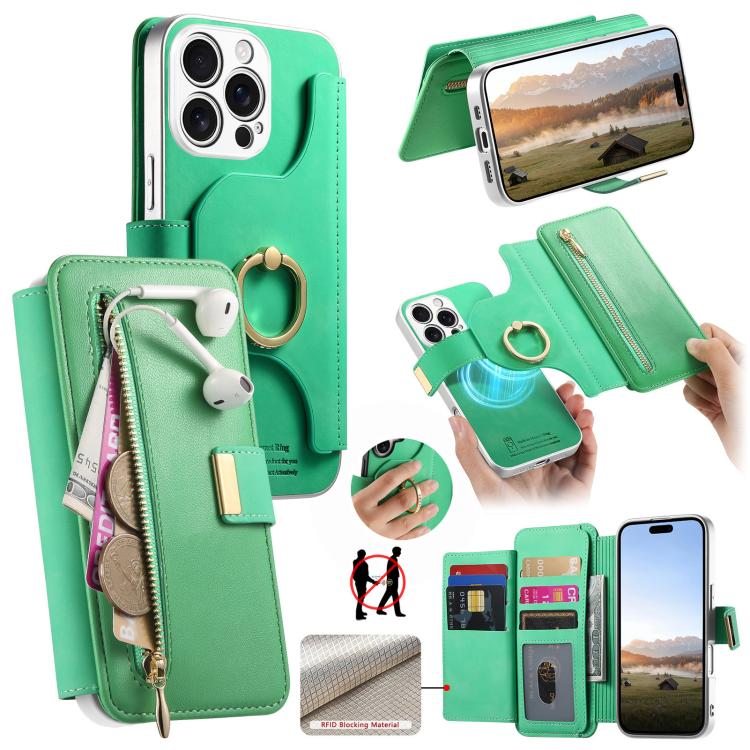 Portafoglio con cerniera, anello con bordo argentato e foro di precisione, blocco RFID, custodia magnetica in pelle vegana per telefono., For iPhone 17e / 16e, For iPhone 16 Pro Max, For iPhone 16 Pro