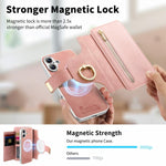 Portafoglio con cerniera, anello con bordo argentato e foro di precisione, blocco RFID, custodia magnetica in pelle vegana per telefono., For iPhone 16 Plus, For iPhone 16, For iPhone 15 Pro Max
