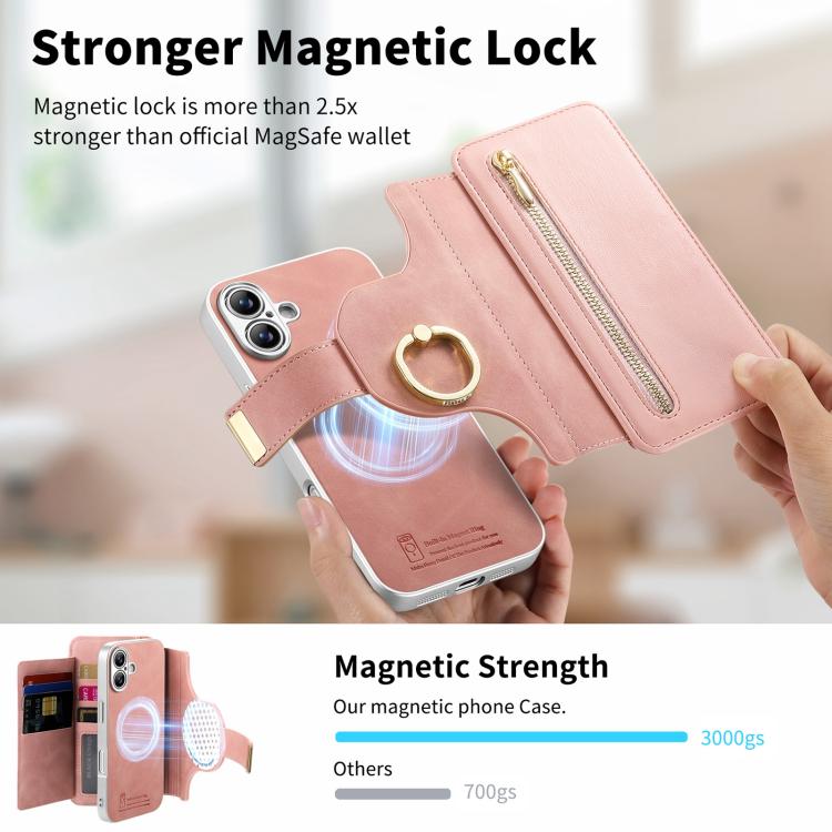 Portafoglio con cerniera, anello con bordo argentato e foro di precisione, blocco RFID, custodia magnetica in pelle vegana per telefono., For iPhone 16 Plus, For iPhone 16, For iPhone 15 Pro Max