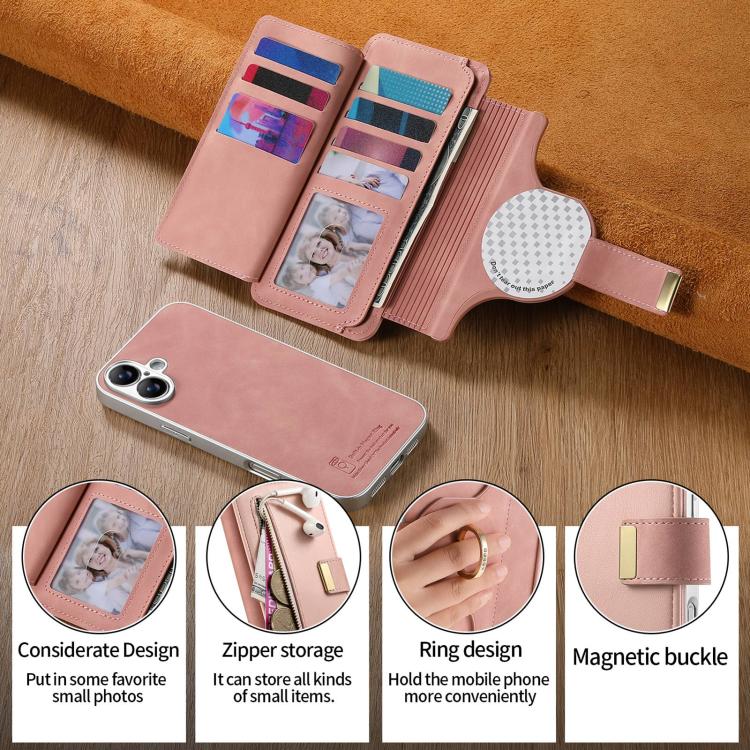 Portafoglio con cerniera, anello con bordo argentato e foro di precisione, blocco RFID, custodia magnetica in pelle vegana per telefono., For iPhone 16 Plus, For iPhone 16, For iPhone 15 Pro Max