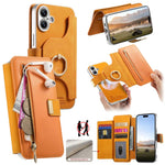 Portafoglio con cerniera, anello con bordo argentato e foro di precisione, blocco RFID, custodia magnetica in pelle vegana per telefono., For iPhone 16 Plus, For iPhone 16, For iPhone 15 Pro Max