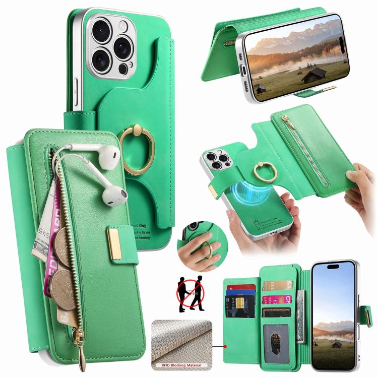 Portafoglio con cerniera, anello con bordo argentato e foro di precisione, blocco RFID, custodia magnetica in pelle vegana per telefono., For iPhone 13 Pro Max, For iPhone 13 Pro, For iPhone 13