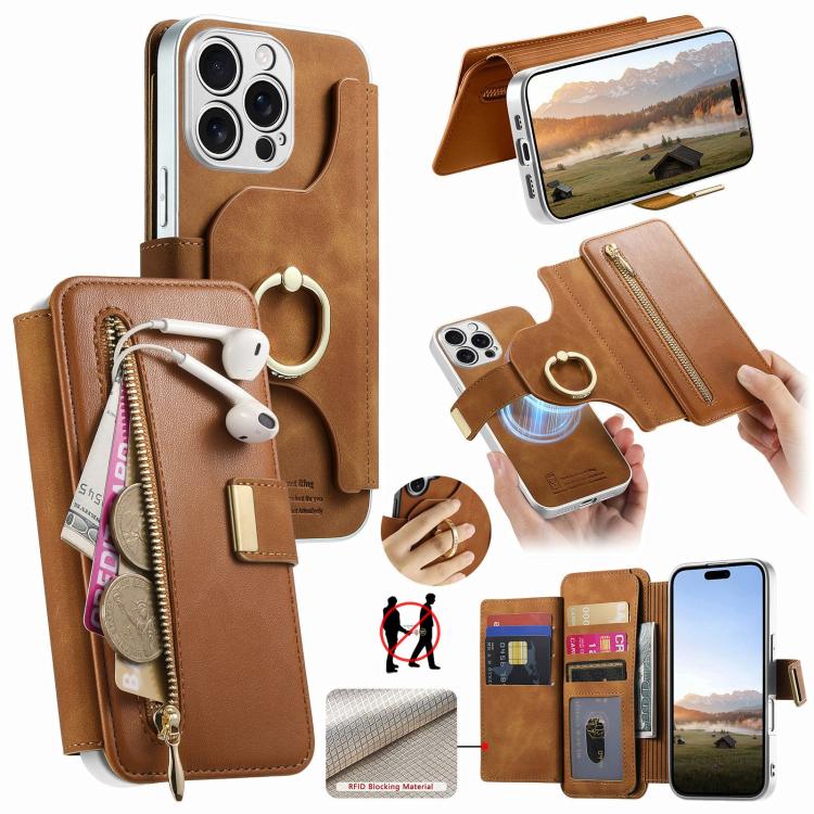 Portafoglio con cerniera, anello con bordo argentato e foro di precisione, blocco RFID, custodia magnetica in pelle vegana per telefono., For iPhone 13 Pro Max, For iPhone 13 Pro, For iPhone 13