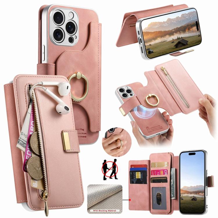 Portafoglio con cerniera, anello con bordo argentato e foro di precisione, blocco RFID, custodia magnetica in pelle vegana per telefono., For iPhone 14, For iPhone 14 Pro, For iPhone 14 Pro Max