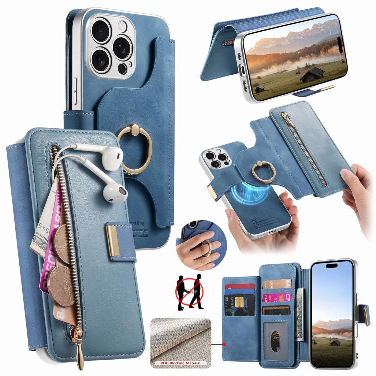Portafoglio con cerniera, anello con bordo argentato e foro di precisione, blocco RFID, custodia magnetica in pelle vegana per telefono., For iPhone 14, For iPhone 14 Pro, For iPhone 14 Pro Max