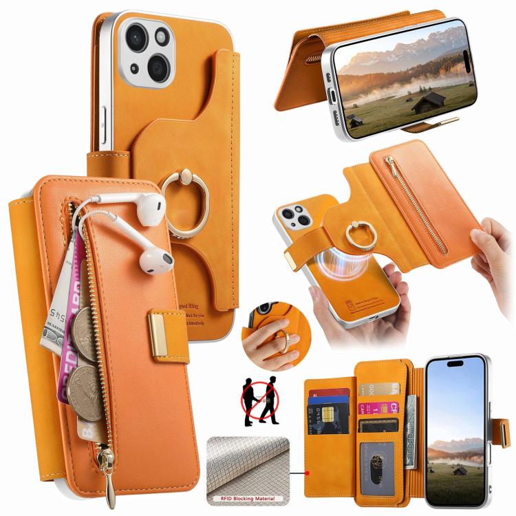 Portafoglio con cerniera, anello con bordo argentato e foro di precisione, blocco RFID, custodia magnetica in pelle vegana per telefono., For iPhone 15 Pro, For iPhone 15 Plus, For iPhone 15