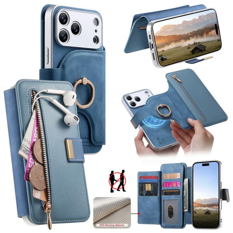 Portafoglio con cerniera, anello con bordo argentato e foro di precisione, blocco RFID, custodia magnetica in pelle vegana per telefono., For iPhone 18 / 17, For iPhone 18 Pro / 17 Pro, For iPhone 18 Pro Max / 17 Pro Max