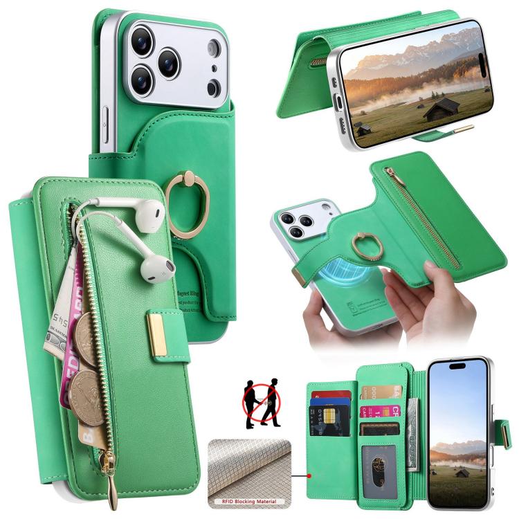Portafoglio con cerniera, anello con bordo argentato e foro di precisione, blocco RFID, custodia magnetica in pelle vegana per telefono., For iPhone 18 / 17, For iPhone 18 Pro / 17 Pro, For iPhone 18 Pro Max / 17 Pro Max