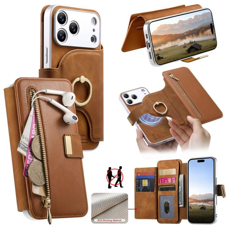 Portafoglio con cerniera, anello con bordo argentato e foro di precisione, blocco RFID, custodia magnetica in pelle vegana per telefono., For iPhone 18 / 17, For iPhone 18 Pro / 17 Pro, For iPhone 18 Pro Max / 17 Pro Max