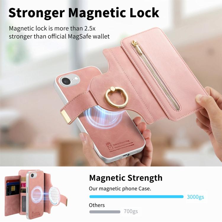 Portafoglio con cerniera, anello con bordo argentato e foro di precisione, blocco RFID, custodia magnetica in pelle vegana per telefono., For iPhone 17e / 16e, For iPhone 16 Pro Max, For iPhone 16 Pro