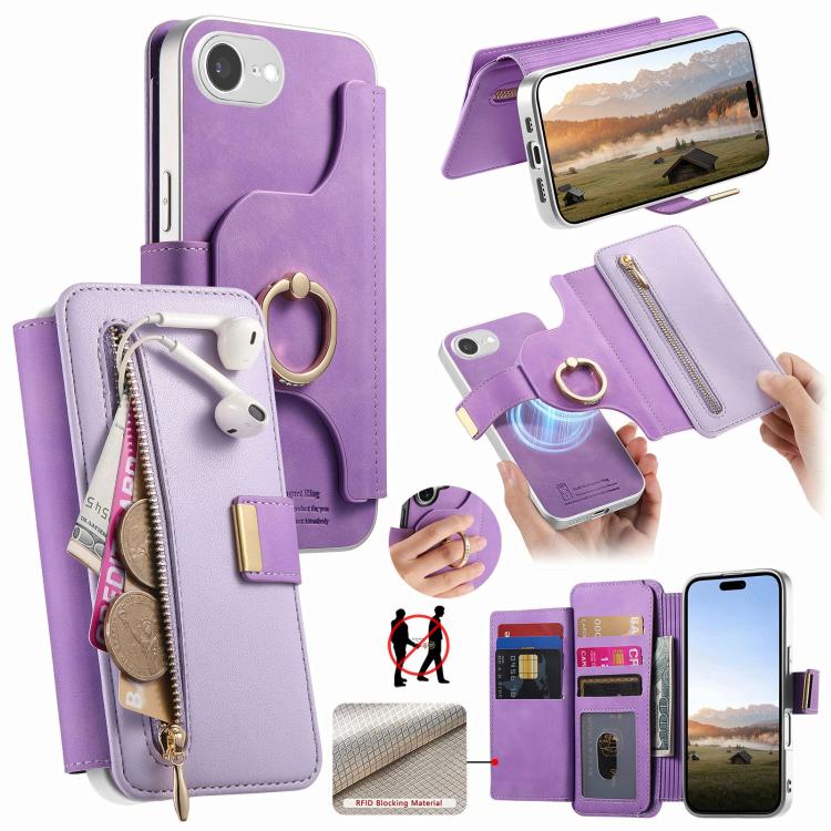 Portafoglio con cerniera, anello con bordo argentato e foro di precisione, blocco RFID, custodia magnetica in pelle vegana per telefono., For iPhone 17e / 16e, For iPhone 16 Pro Max, For iPhone 16 Pro