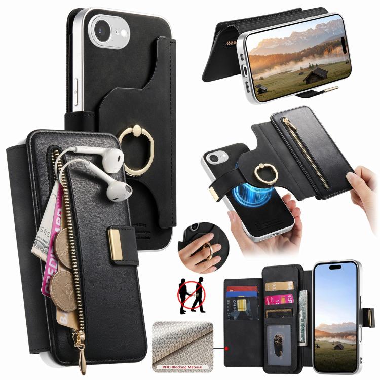 Portafoglio con cerniera, anello con bordo argentato e foro di precisione, blocco RFID, custodia magnetica in pelle vegana per telefono., For iPhone 17e / 16e, For iPhone 16 Pro Max, For iPhone 16 Pro