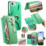 Portafoglio con cerniera, anello con bordo argentato e foro di precisione, blocco RFID, custodia magnetica in pelle vegana per telefono., For iPhone 17e / 16e, For iPhone 16 Pro Max, For iPhone 16 Pro