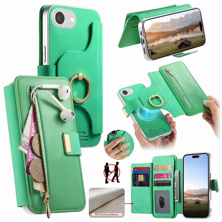 Portafoglio con cerniera, anello con bordo argentato e foro di precisione, blocco RFID, custodia magnetica in pelle vegana per telefono., For iPhone 17e / 16e, For iPhone 16 Pro Max, For iPhone 16 Pro