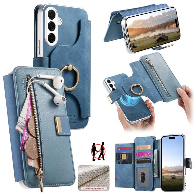Portafoglio con cerniera, anello con bordo argentato e foro di precisione, blocco RFID, custodia magnetica in pelle vegana per telefono., For Galaxy S26+ 5G, For Galaxy S26 Ultra 5G, For Galaxy S25 Edge 5G