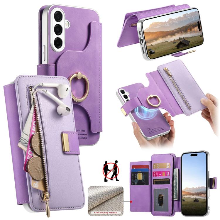 Portafoglio con cerniera, anello con bordo argentato e foro di precisione, blocco RFID, custodia magnetica in pelle vegana per telefono., For Galaxy S26+ 5G, For Galaxy S26 Ultra 5G, For Galaxy S25 Edge 5G