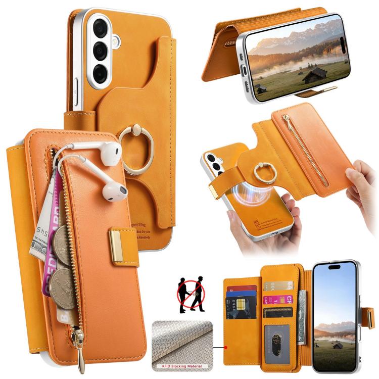 Portafoglio con cerniera, anello con bordo argentato e foro di precisione, blocco RFID, custodia magnetica in pelle vegana per telefono., For Galaxy S26+ 5G, For Galaxy S26 Ultra 5G, For Galaxy S25 Edge 5G