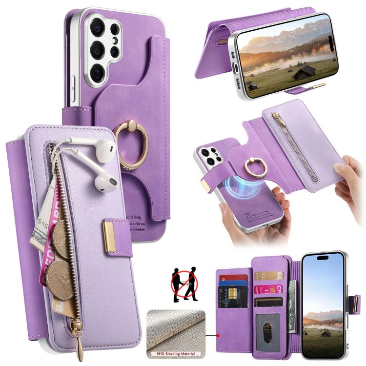 Portafoglio con cerniera, anello con bordo argentato e foro di precisione, blocco RFID, custodia magnetica in pelle vegana per telefono., For Galaxy S26+ 5G, For Galaxy S26 Ultra 5G, For Galaxy S25 Edge 5G