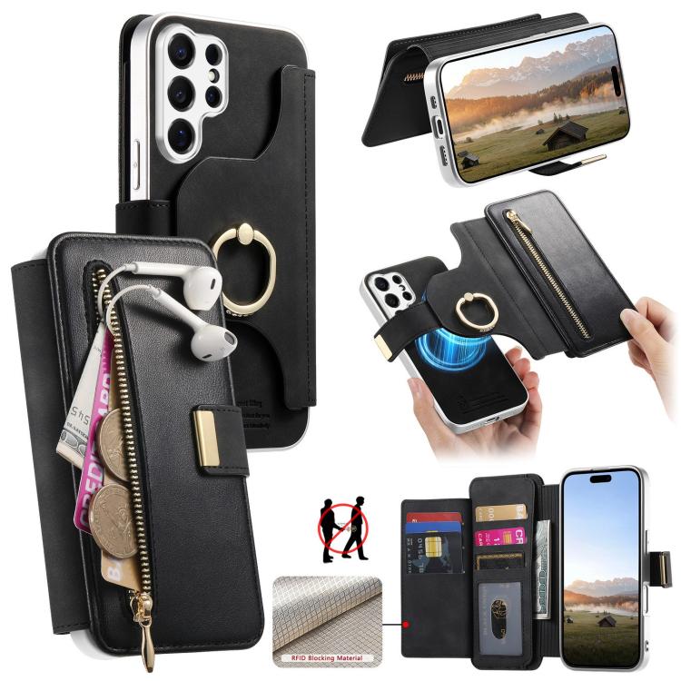 Portafoglio con cerniera, anello con bordo argentato e foro di precisione, blocco RFID, custodia magnetica in pelle vegana per telefono., For Galaxy S26+ 5G, For Galaxy S26 Ultra 5G, For Galaxy S25 Edge 5G