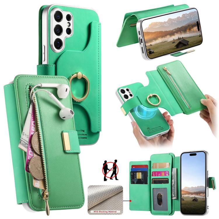 Portafoglio con cerniera, anello con bordo argentato e foro di precisione, blocco RFID, custodia magnetica in pelle vegana per telefono., For Galaxy S26+ 5G, For Galaxy S26 Ultra 5G, For Galaxy S25 Edge 5G
