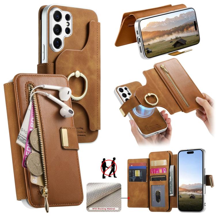 Portafoglio con cerniera, anello con bordo argentato e foro di precisione, blocco RFID, custodia magnetica in pelle vegana per telefono., For Galaxy S26+ 5G, For Galaxy S26 Ultra 5G, For Galaxy S25 Edge 5G