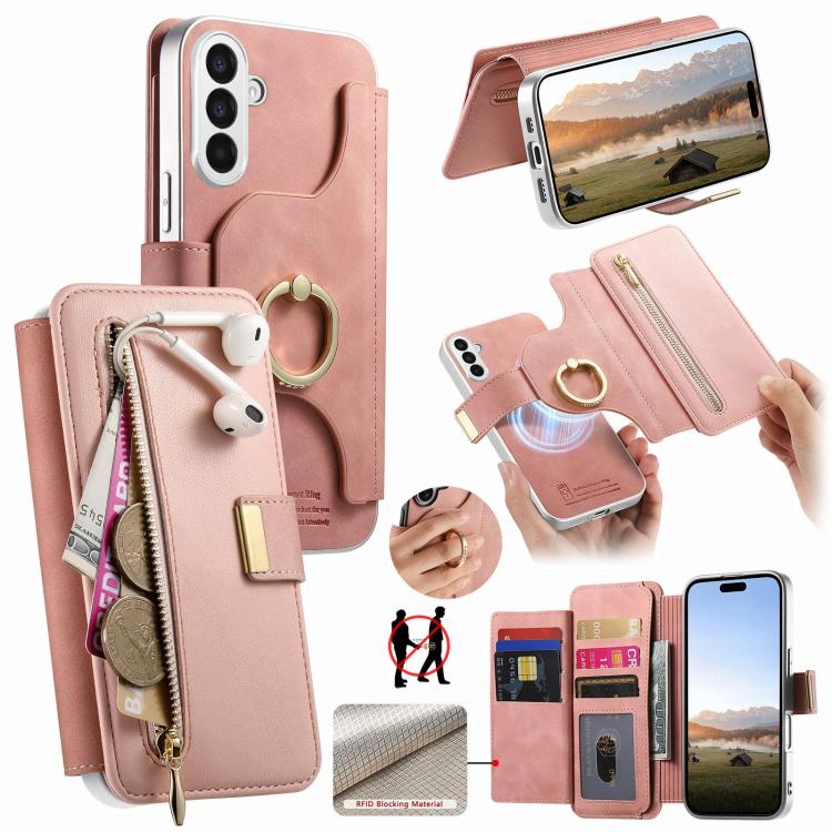 Portafoglio con cerniera, anello con bordo argentato e foro di precisione, blocco RFID, custodia magnetica in pelle vegana per telefono., For Galaxy S24+ 5G