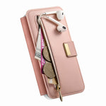 Portafoglio con cerniera, anello con bordo argentato e foro di precisione, blocco RFID, custodia magnetica in pelle vegana per telefono., For Galaxy S24+ 5G