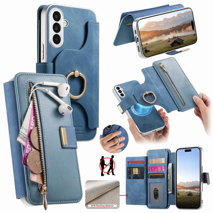 Portafoglio con cerniera, anello con bordo argentato e foro di precisione, blocco RFID, custodia magnetica in pelle vegana per telefono., For Galaxy S24+ 5G