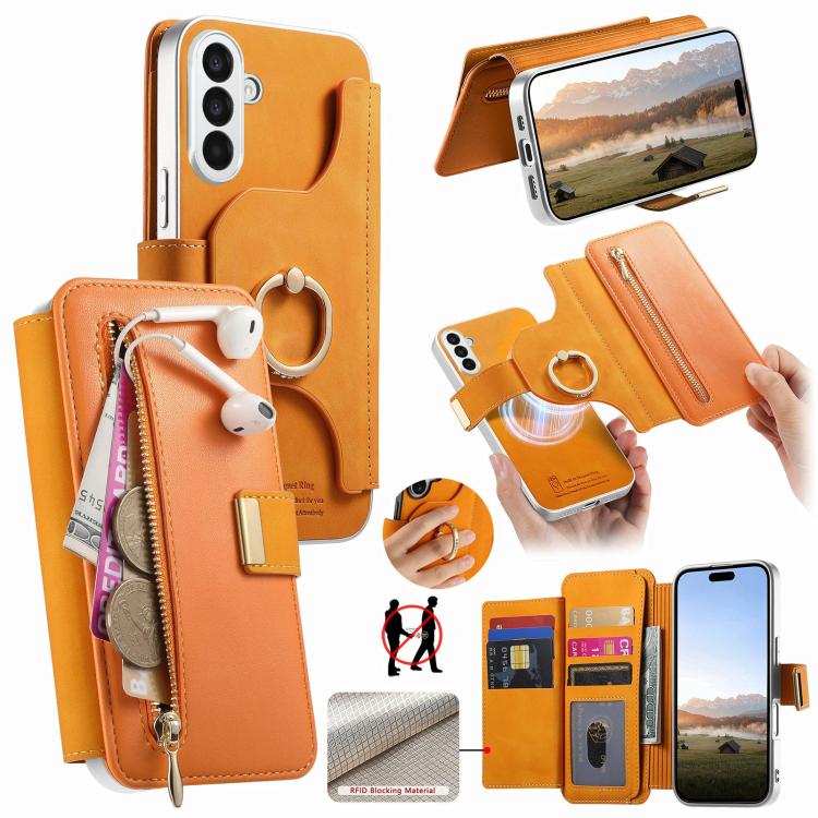Portafoglio con cerniera, anello con bordo argentato e foro di precisione, blocco RFID, custodia magnetica in pelle vegana per telefono., For Galaxy S24+ 5G