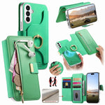 Portafoglio con cerniera, anello con bordo argentato e foro di precisione, blocco RFID, custodia magnetica in pelle vegana per telefono., For Galaxy S25+ 5G, For Galaxy S25 Ultra 5G, For Galaxy S24 FE 5G