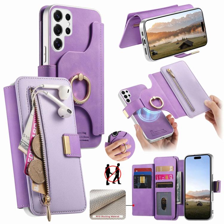 Portafoglio con cerniera, anello con bordo argentato e foro di precisione, blocco RFID, custodia magnetica in pelle vegana per telefono., For Galaxy S25+ 5G, For Galaxy S25 Ultra 5G, For Galaxy S24 FE 5G