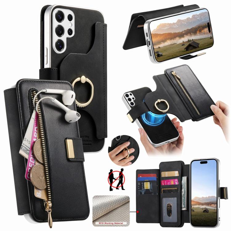Portafoglio con cerniera, anello con bordo argentato e foro di precisione, blocco RFID, custodia magnetica in pelle vegana per telefono., For Galaxy S25+ 5G, For Galaxy S25 Ultra 5G, For Galaxy S24 FE 5G