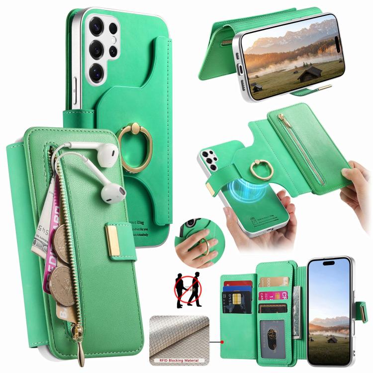 Portafoglio con cerniera, anello con bordo argentato e foro di precisione, blocco RFID, custodia magnetica in pelle vegana per telefono., For Galaxy S25+ 5G, For Galaxy S25 Ultra 5G, For Galaxy S24 FE 5G