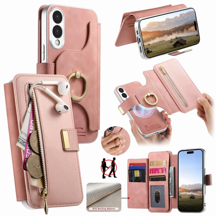 Portafoglio con cerniera, anello con bordo argentato e foro di precisione, blocco RFID, custodia magnetica in pelle vegana per telefono., For Galaxy S26+ 5G, For Galaxy S26 Ultra 5G, For Galaxy S25 Edge 5G