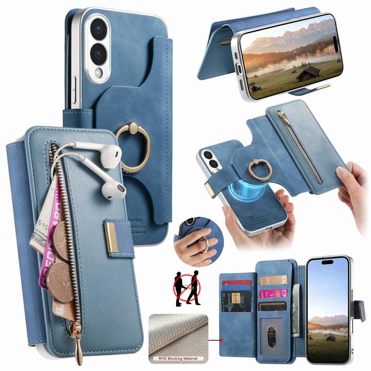 Portafoglio con cerniera, anello con bordo argentato e foro di precisione, blocco RFID, custodia magnetica in pelle vegana per telefono., For Galaxy S26+ 5G, For Galaxy S26 Ultra 5G, For Galaxy S25 Edge 5G