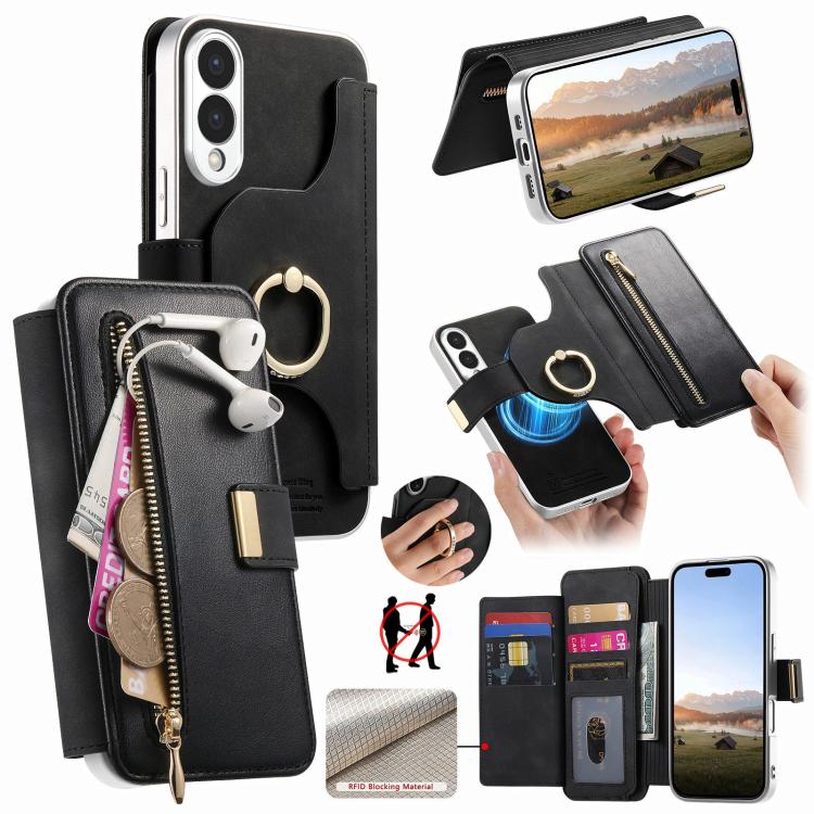 Portafoglio con cerniera, anello con bordo argentato e foro di precisione, blocco RFID, custodia magnetica in pelle vegana per telefono., For Galaxy S26+ 5G, For Galaxy S26 Ultra 5G, For Galaxy S25 Edge 5G