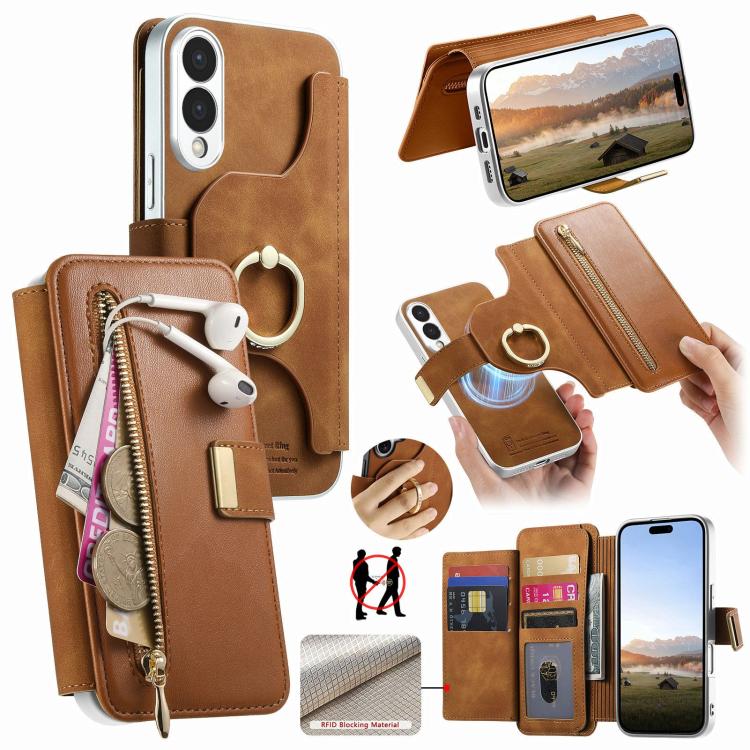 Portafoglio con cerniera, anello con bordo argentato e foro di precisione, blocco RFID, custodia magnetica in pelle vegana per telefono., For Galaxy S26+ 5G, For Galaxy S26 Ultra 5G, For Galaxy S25 Edge 5G