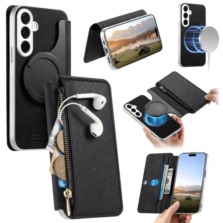 Custodia per telefono CaseNeo con fori di precisione, bordi argentati, chiusura magnetica a portafoglio e pelle vegana a grana incrociata., For Galaxy S26+ 5G, For Galaxy S26 Ultra 5G, For Galaxy S25 Edge 5G
