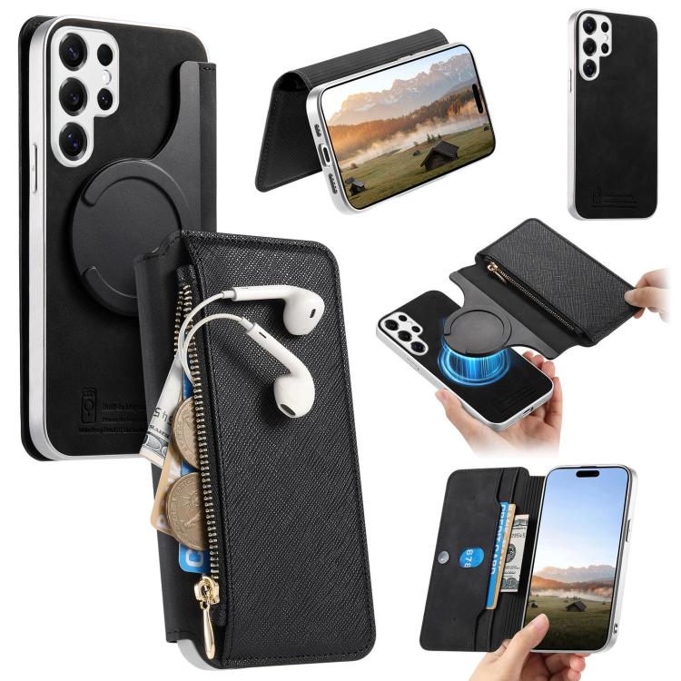 Custodia per telefono CaseNeo con fori di precisione, bordi argentati, chiusura magnetica a portafoglio e pelle vegana a grana incrociata., For Galaxy S25+ 5G, For Galaxy S25 Ultra 5G, For Galaxy S24 FE 5G