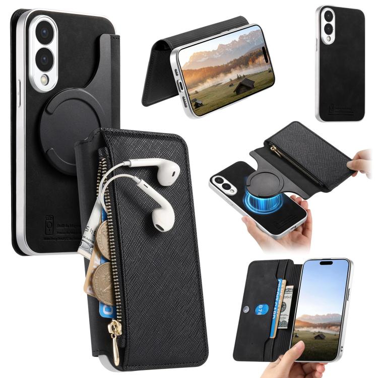 Custodia per telefono CaseNeo con fori di precisione, bordi argentati, chiusura magnetica a portafoglio e pelle vegana a grana incrociata., For Galaxy S26+ 5G, For Galaxy S26 Ultra 5G, For Galaxy S25 Edge 5G
