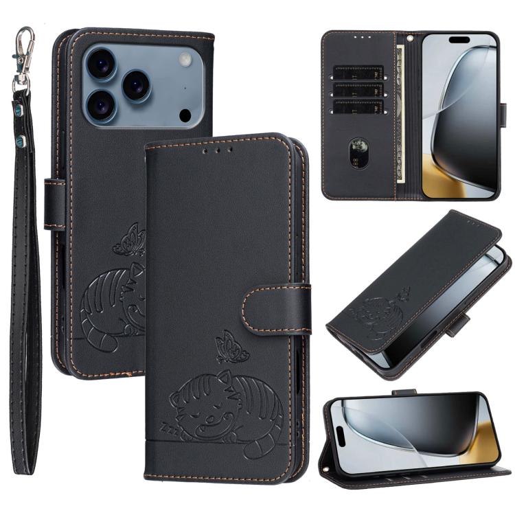 Custodia per telefono in ecopelle con cinturino e stampa a rilievo di gatto e farfalla, con protezione RFID., For iPhone 17e / 16e, For iPhone 17 Pro Max, For iPhone 17 Pro