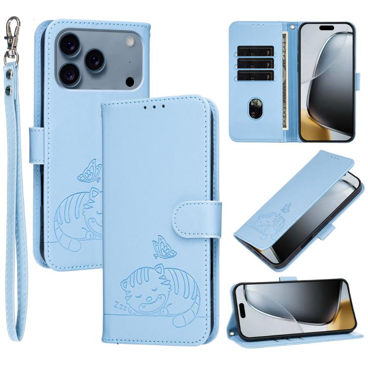Custodia per telefono in ecopelle con cinturino e stampa a rilievo di gatto e farfalla, con protezione RFID., For iPhone 17e / 16e, For iPhone 17 Pro Max, For iPhone 17 Pro